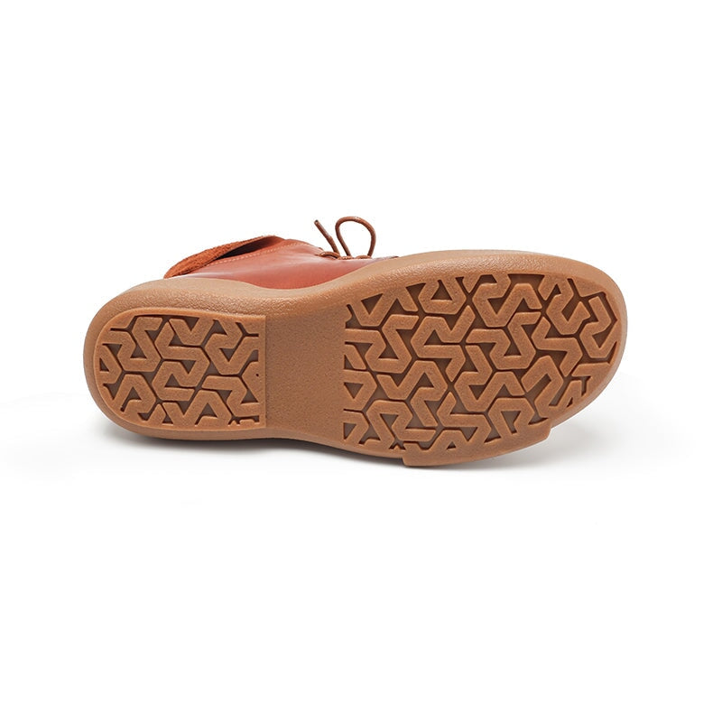 Cowhide Leather Lace-Up Lightweight Short Fold Over Collar Boots Caramel Red/Brown/Black