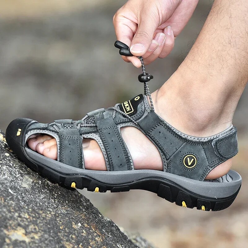 Drawato diy Leather Men Sandals Summer Shoes New Plus Size Mens Sandals Fashion Casual Outdoor Beach Slippers Breathable Wading Shoes