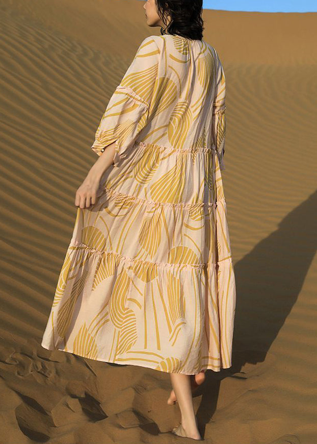Elegant Yellow Ruffled Print Lace Up Cotton Long Dresses Half Sleeve