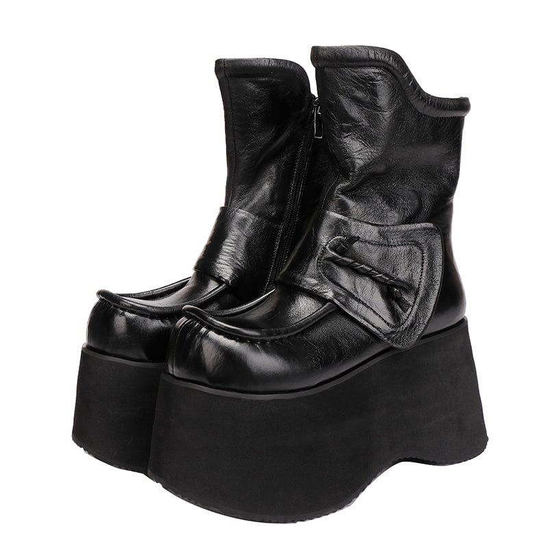 Retro Boots For Women Leather 90mm Platform Boots Touch-strap in Black/Coffee
