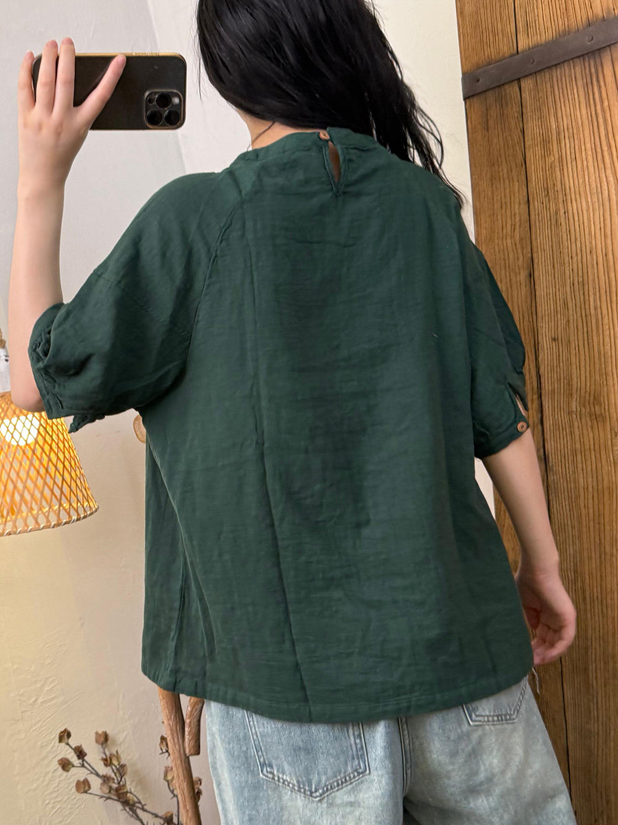 Women Summer Casual Pure Color Cotton O-Neck Shirt