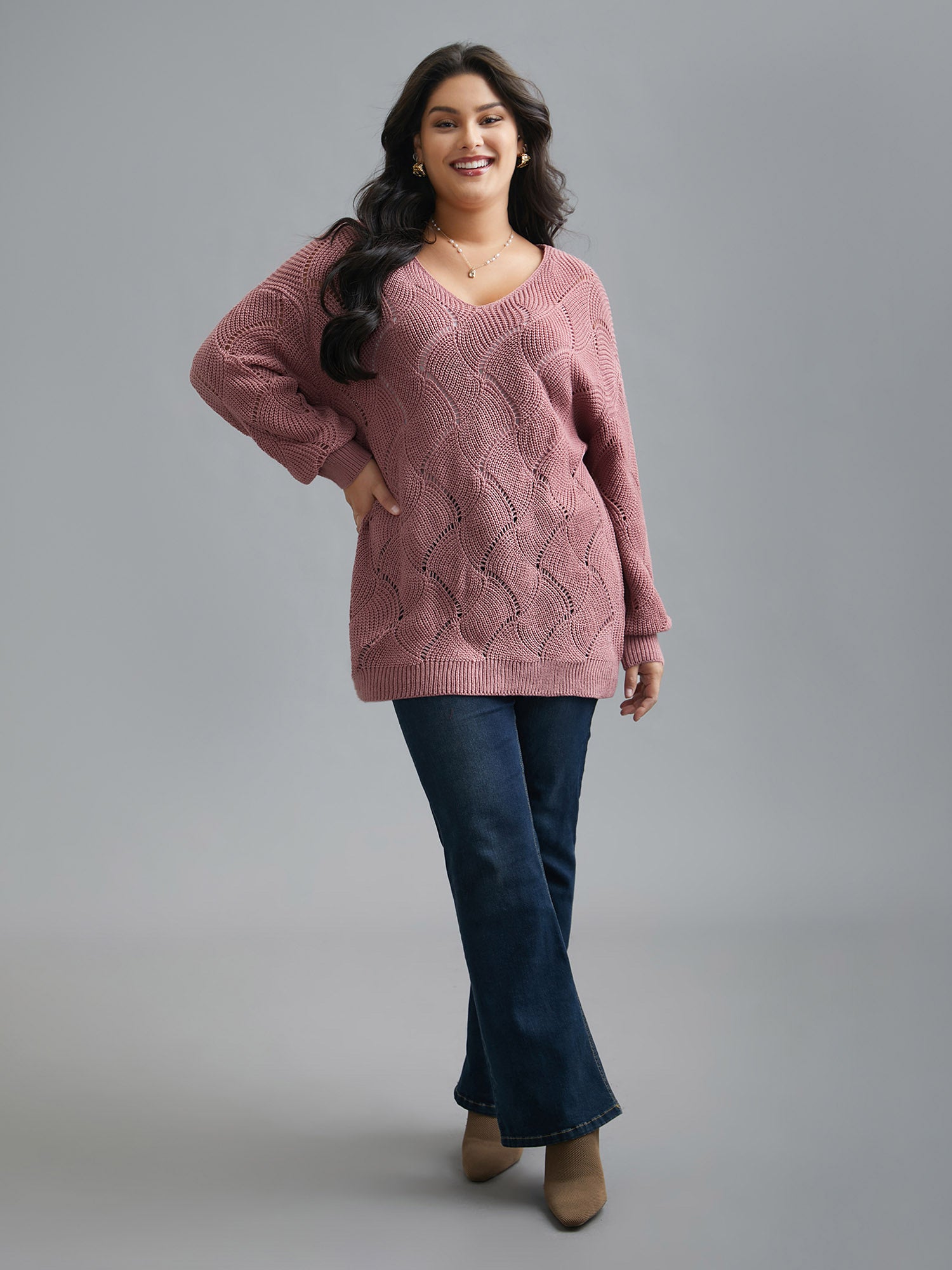 V Neck Cut-Out Pattern Textured Pullover
