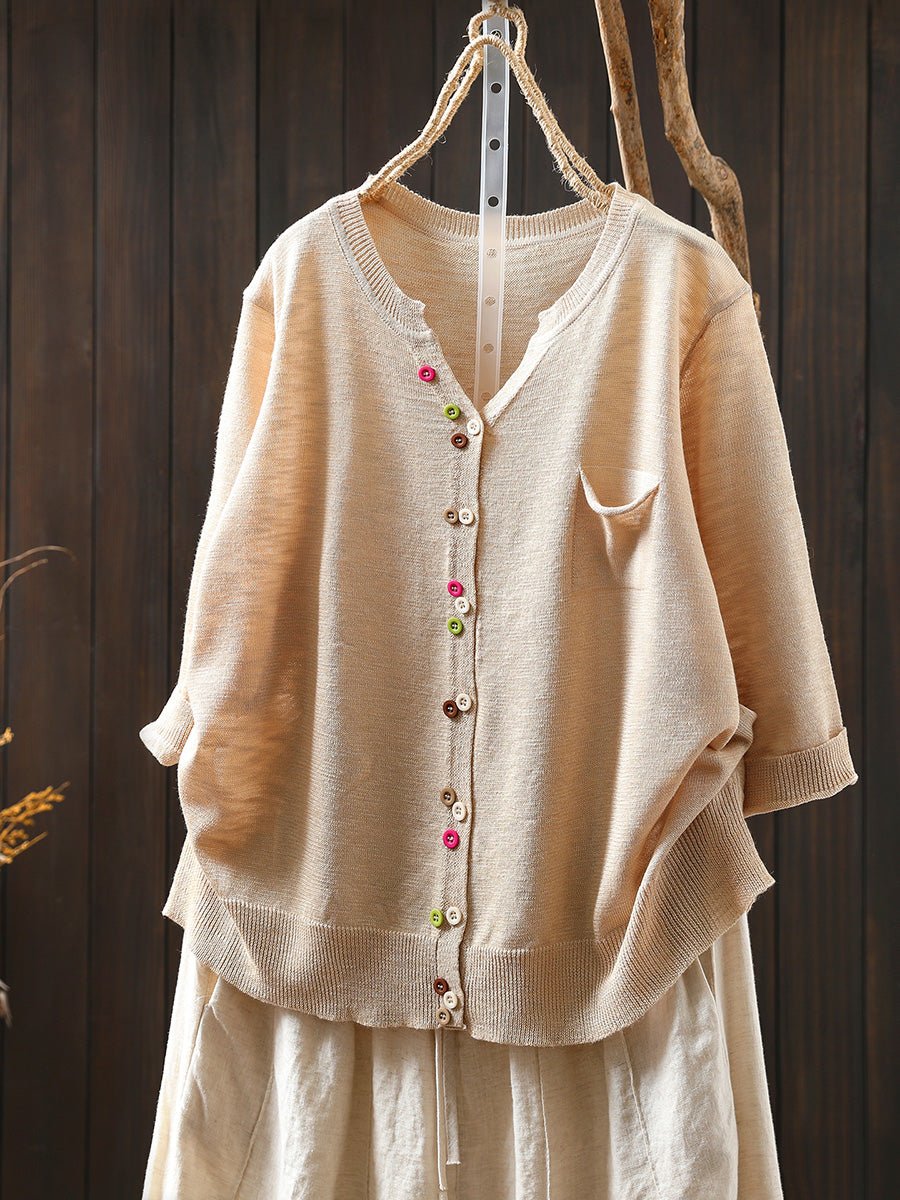 Women Summer Casual Colorful Button Knitted O-Neck Shirt