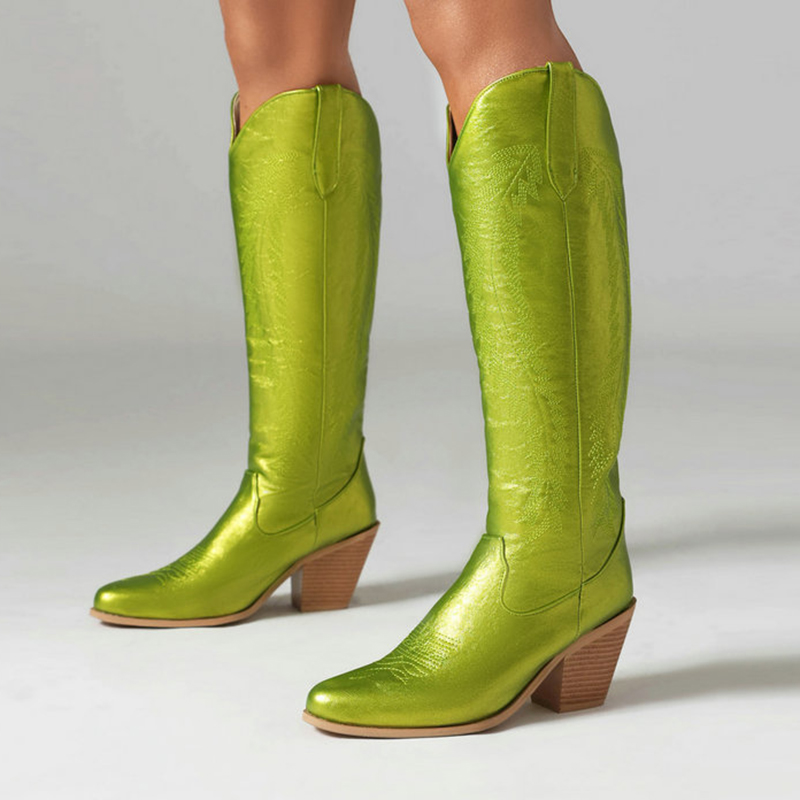 Metallic Sheen Jacquard V Groove Chunky Heels Knee High Boots