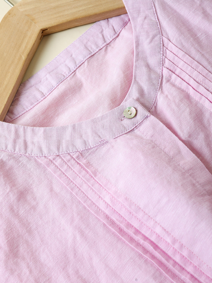 Women Summer Pure Color Shirred Linen Cotton O-Neck Shirt