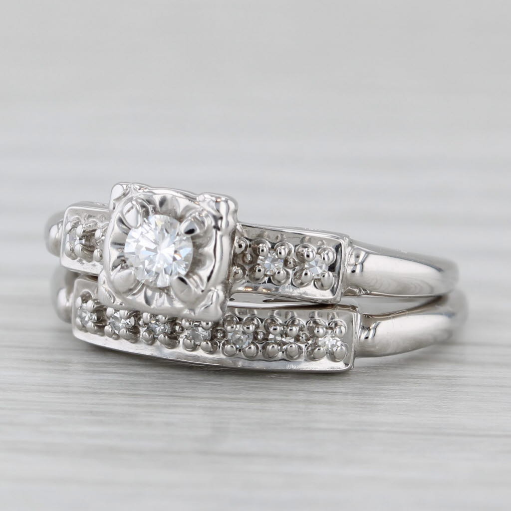 Vintage 0.13ctw Diamond Engagement Ring Wedding Band Set 14k White Gold Size 5.5