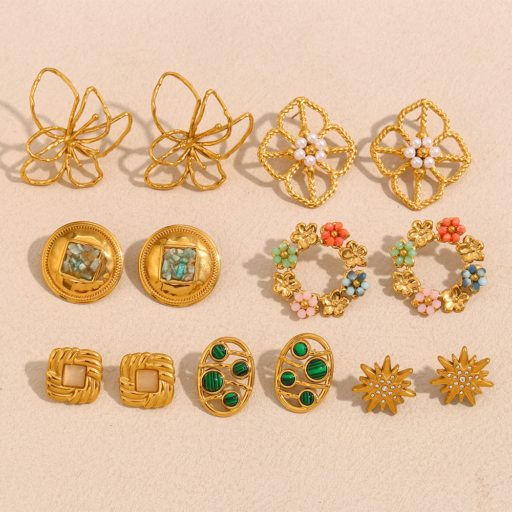 Niche Colorful Flower Hoop Earrings Stainless Steel 18K Gold Plated French Malachite Earrings