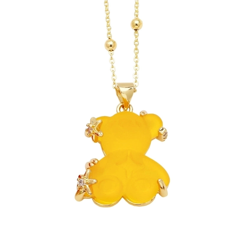 Copper Gold Plated Cute Minimalist Bear Inlay Resin Zircon Pendant Necklace