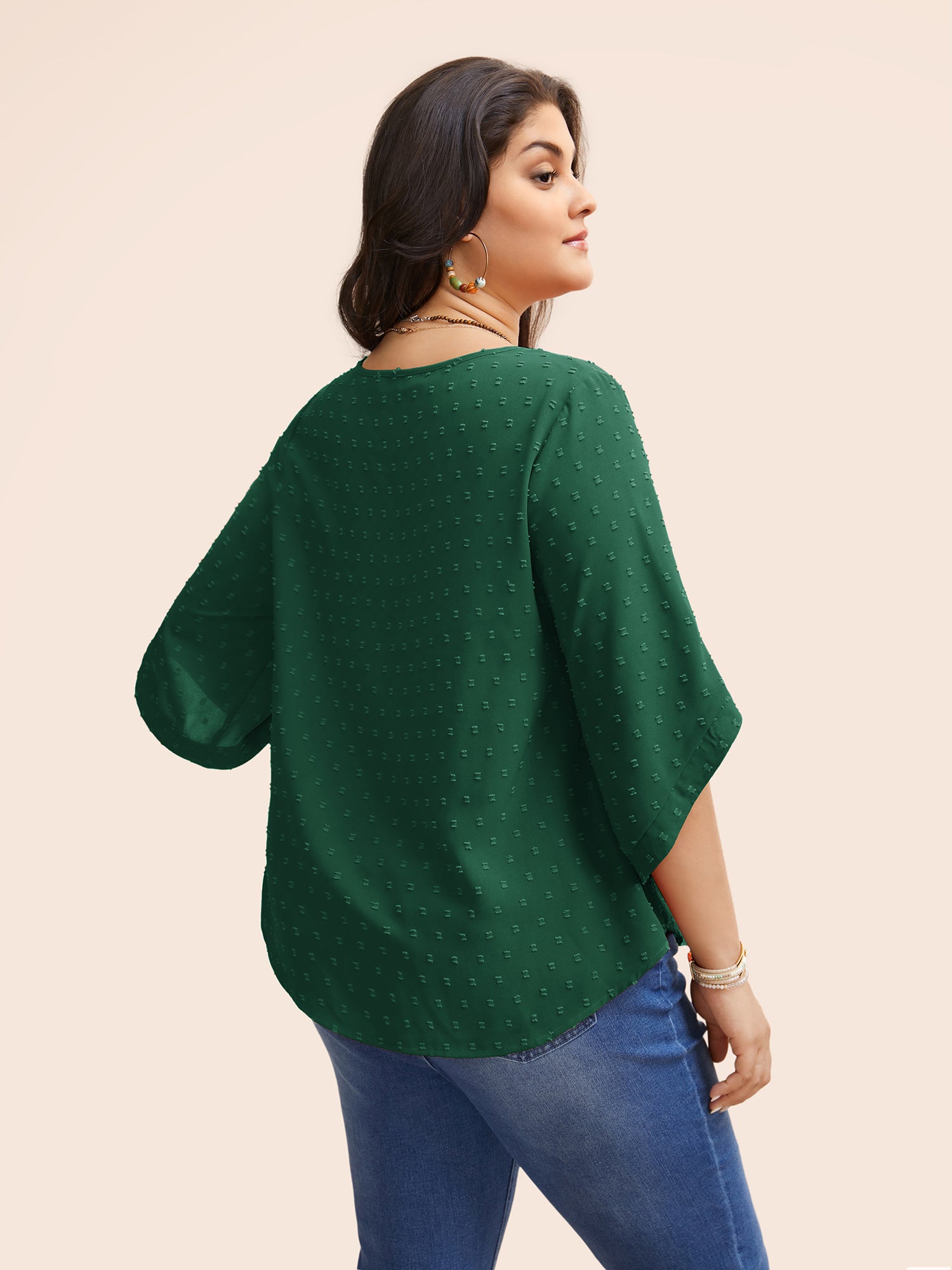 Textured Round Neck Bell Sleeve Blouse