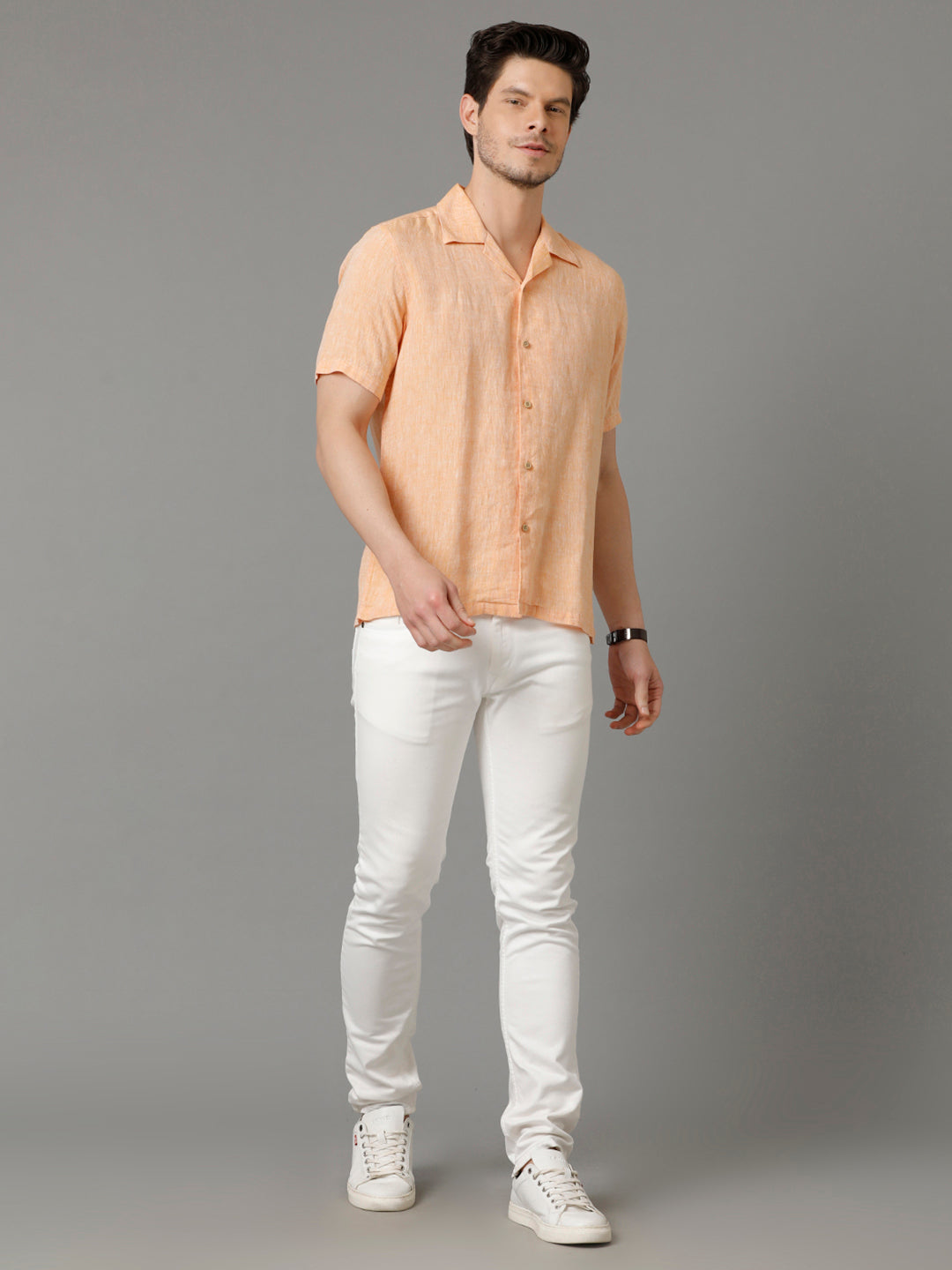 Mens Regular Fit Solid Orange Casual Linen Shirt (LACH)