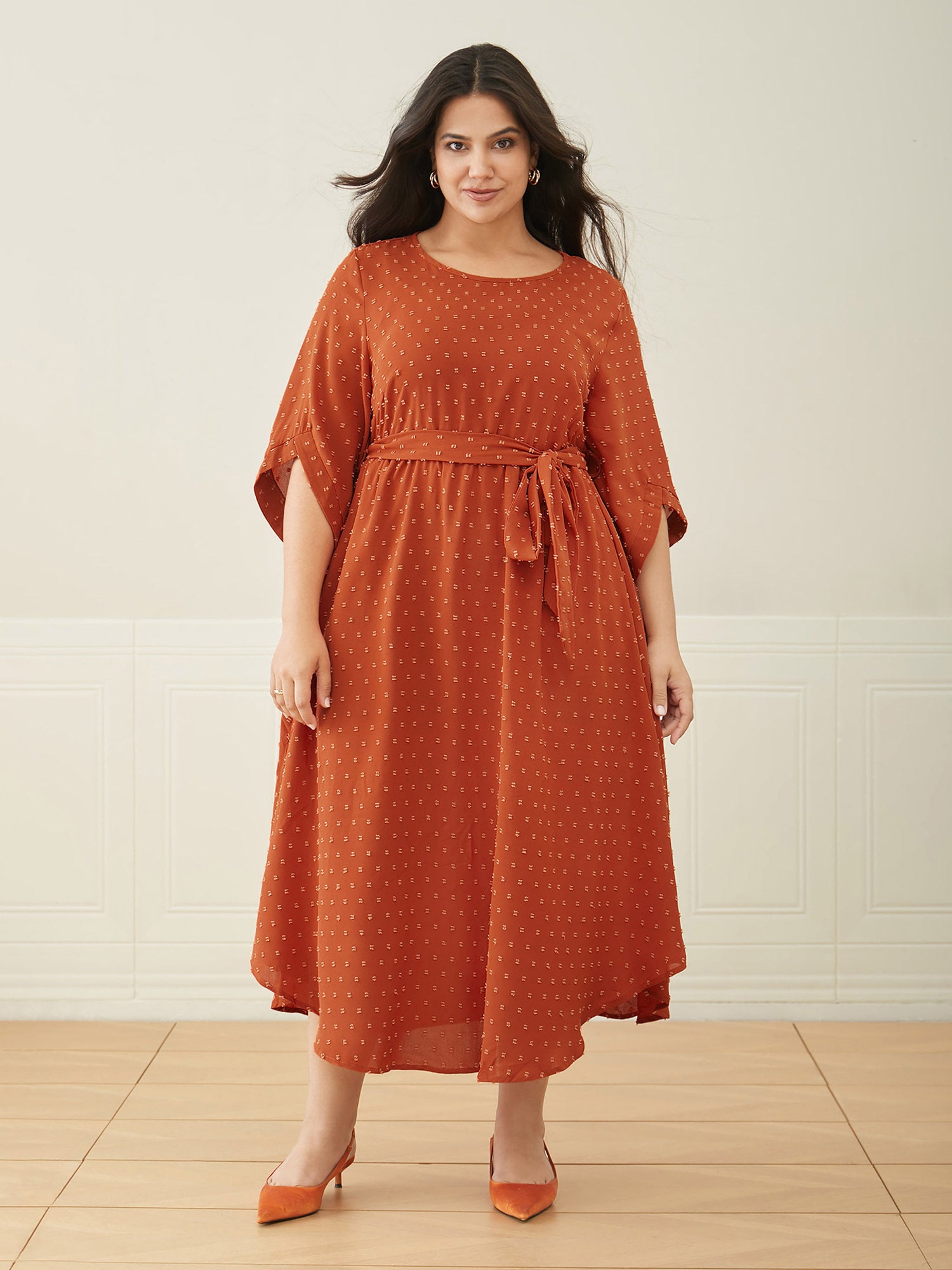 Textured Bell Sleeve Belted Arc Hem Dress