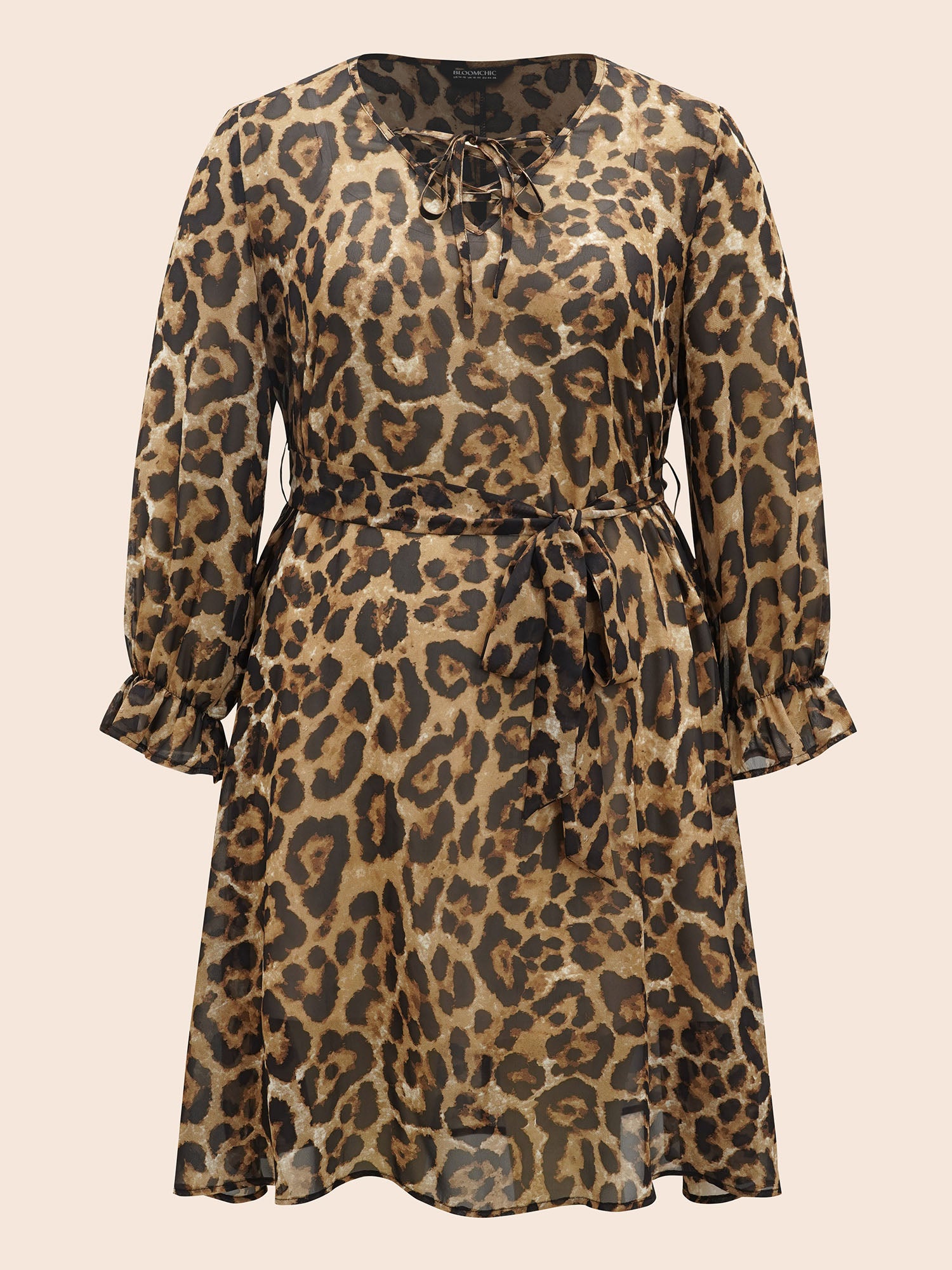 Leopard Print Lace Up Lantern Sleeve Dress