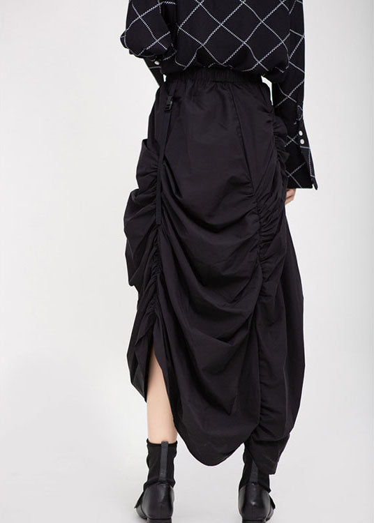 French Black Elastic Waist Asymmetrical Design Wrinkled Fall Skirt