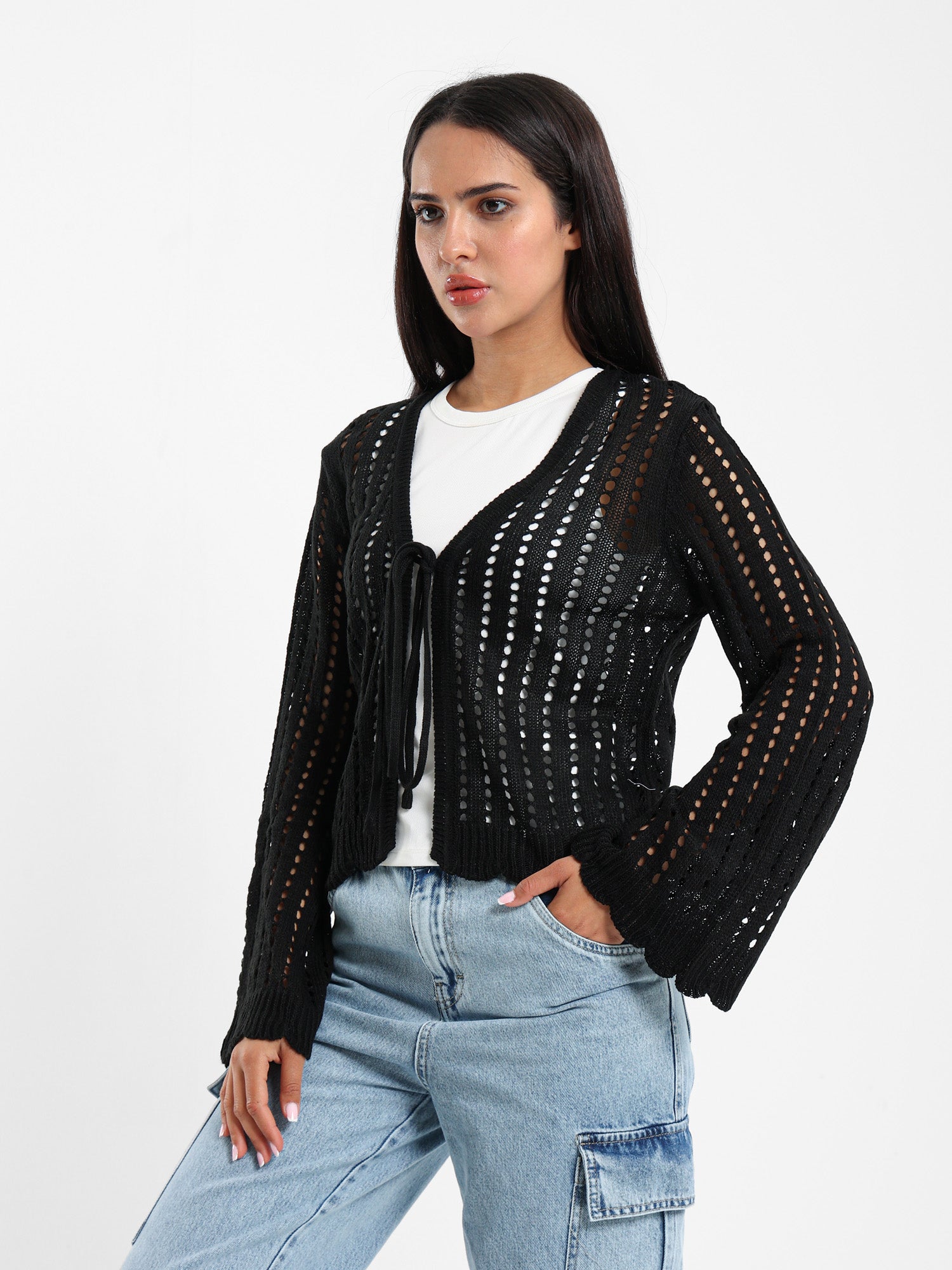 Cropped Openwork Tie-Front Cardigan