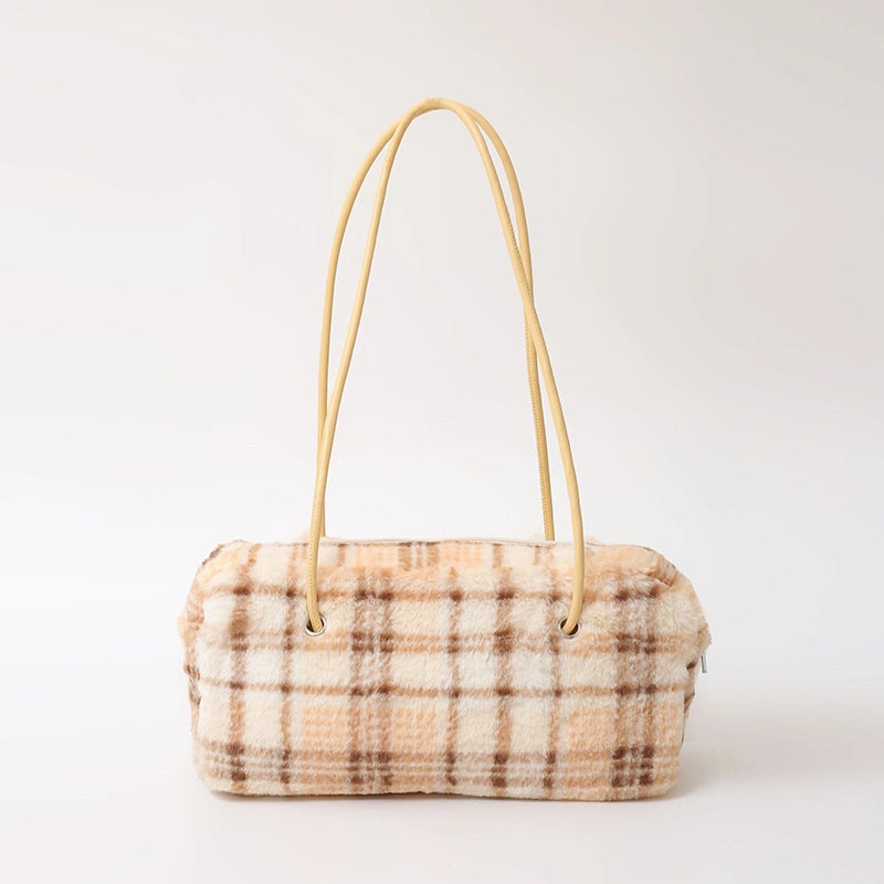 Women's Fur Lattice Plaid Streetwear Pillow Shape Zipper Underarm Bag