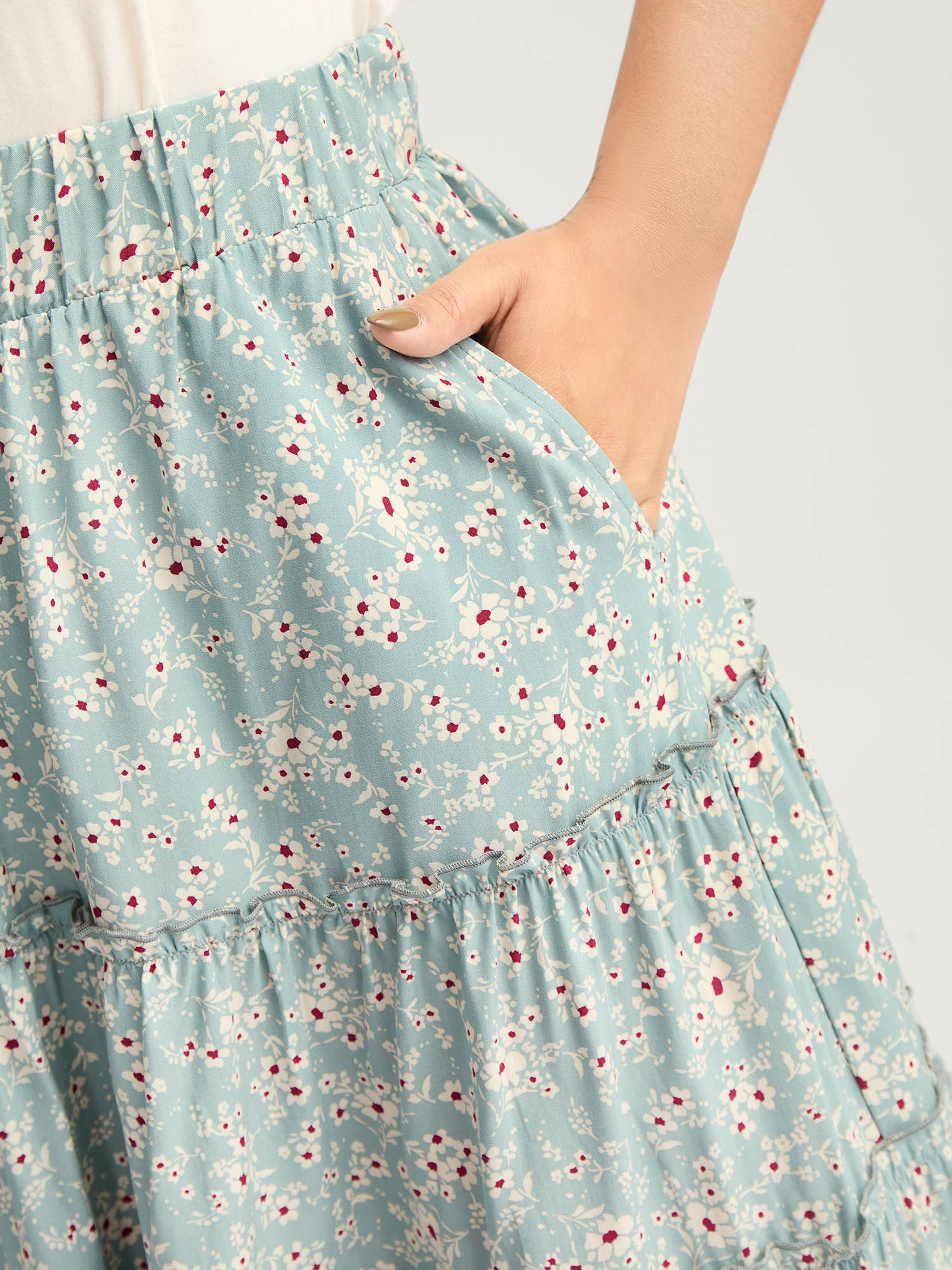 Floral Print Stretchy Waist Tiered Midi Skirt