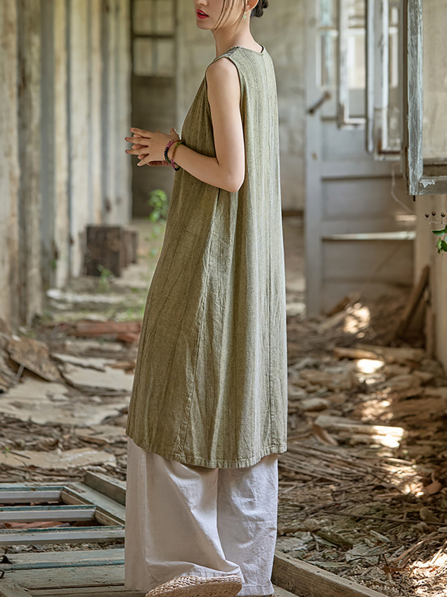 Women Summer Pure Color O-Neck Linen Vest Dress