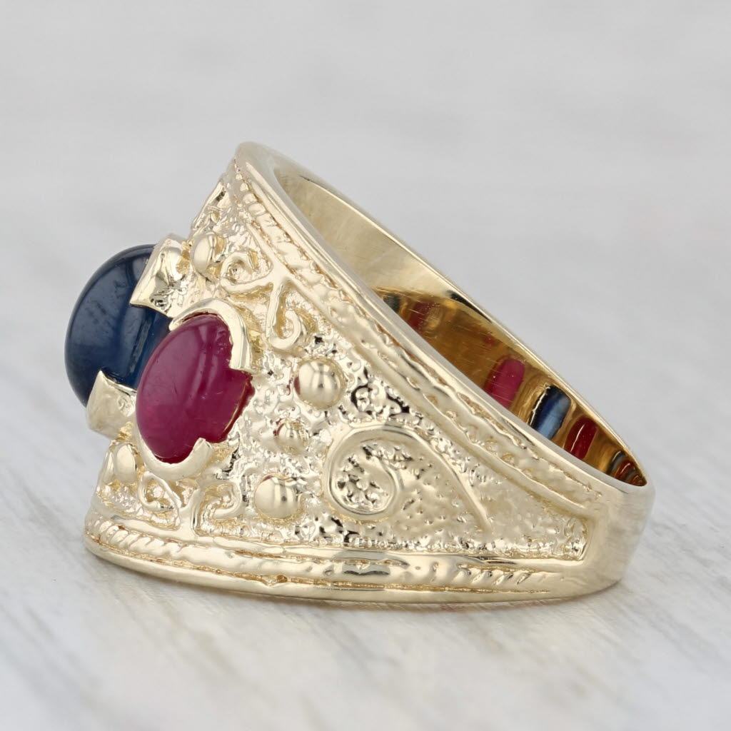 Blue Sapphire Ruby Ring 14k Yellow Gold Size 7 Orange 3-Stone