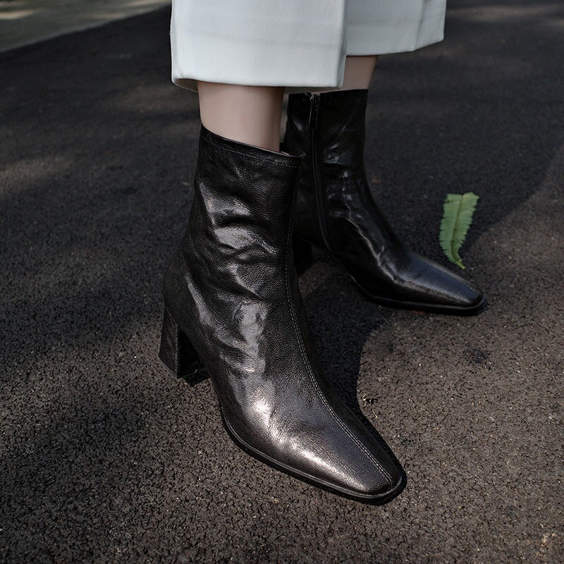 Squared Toe Leather Slimming Boots Sock Boots in Black/Brown