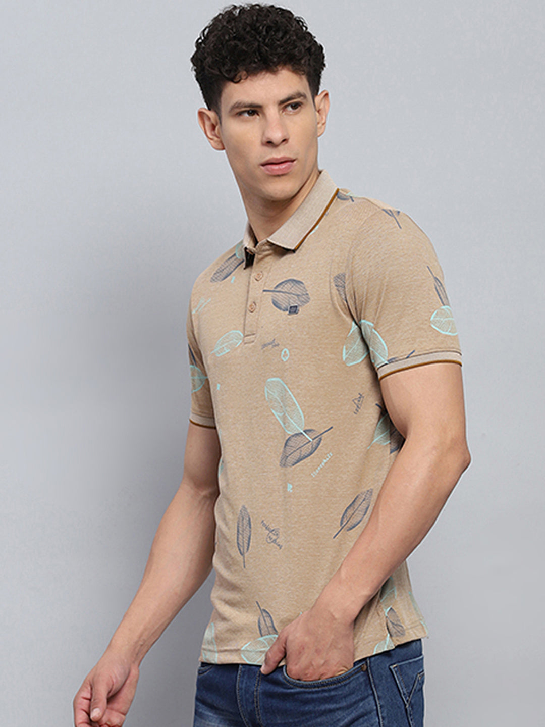 Men Beige Printed Collar Half Sleeve T-Shirt