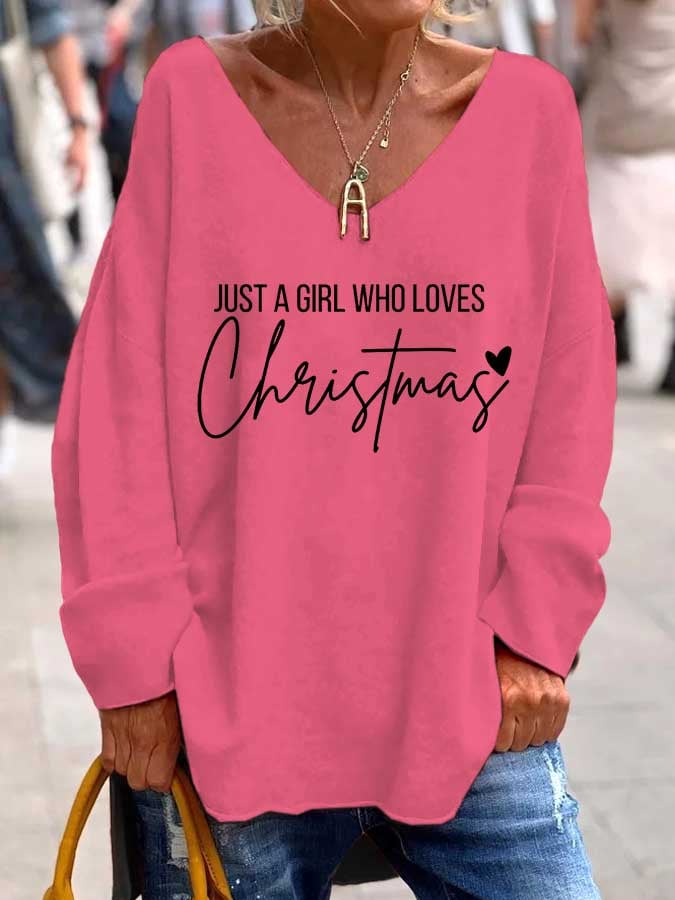 Women's Just A Girl Who Loves Christmas Print V-Neck T-Shirt