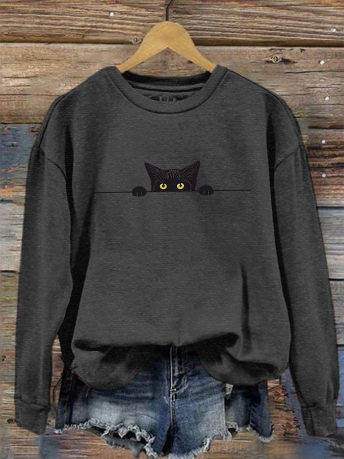 Women's Black Cat Print Crew Neck Sweatshirt