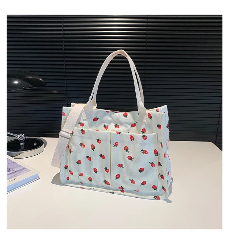 Women's Large Corduroy Solid Color Strawberry Basic Classic Style Square Zipper Tote Bag