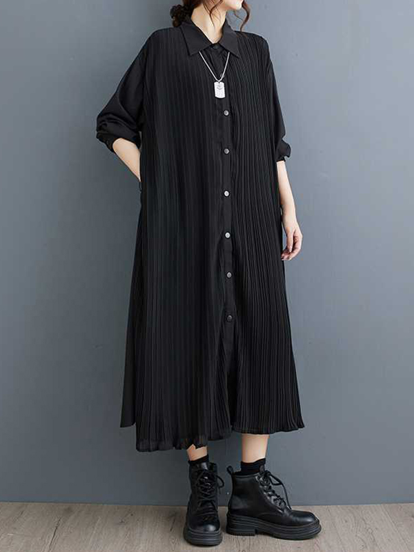 A-Line Long Sleeves Buttoned Pleated Pockets Split-Joint Lapel Midi Dresses Shirt Dress