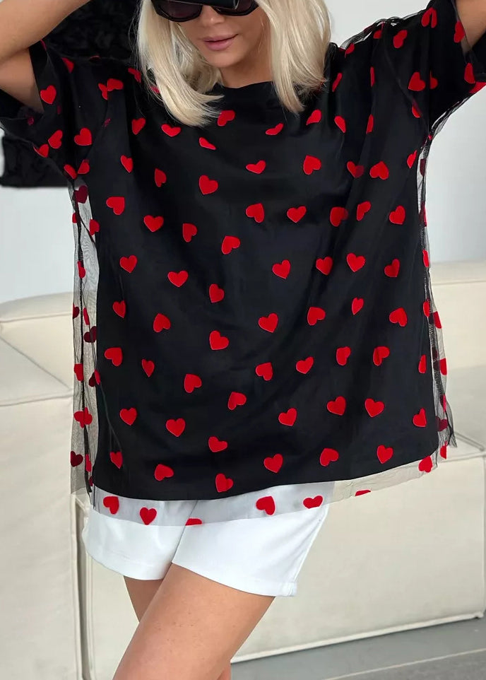 Black Love Tulle Patchwork T Shirt O Neck Summer