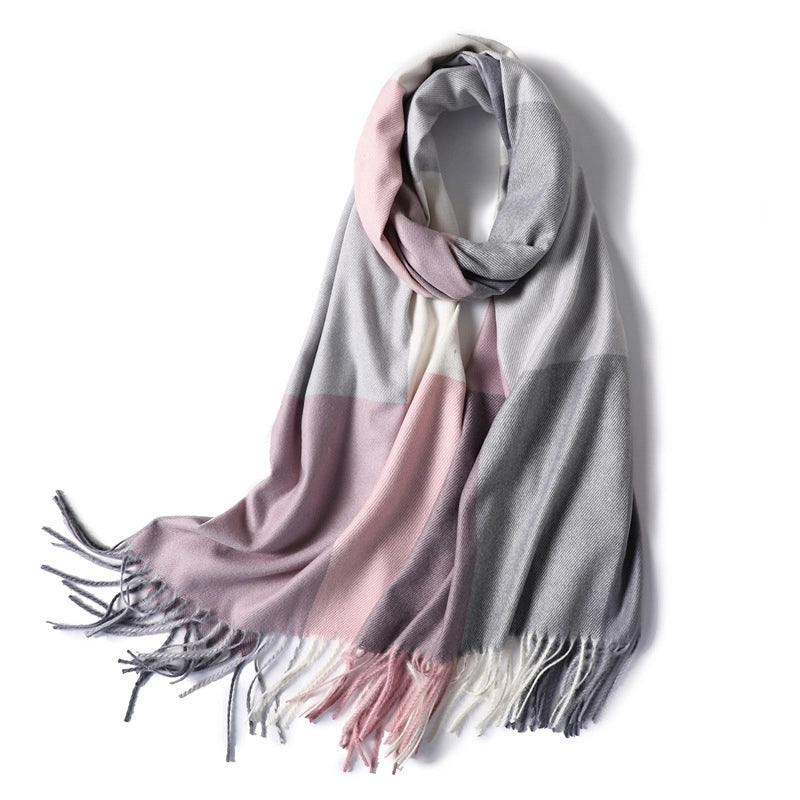 New Large Plaid Artificial Cashmere Scarf Women's Winter Thicken Thermal Thorn Fur Shawl Fashion All-Matching Fringe Bib