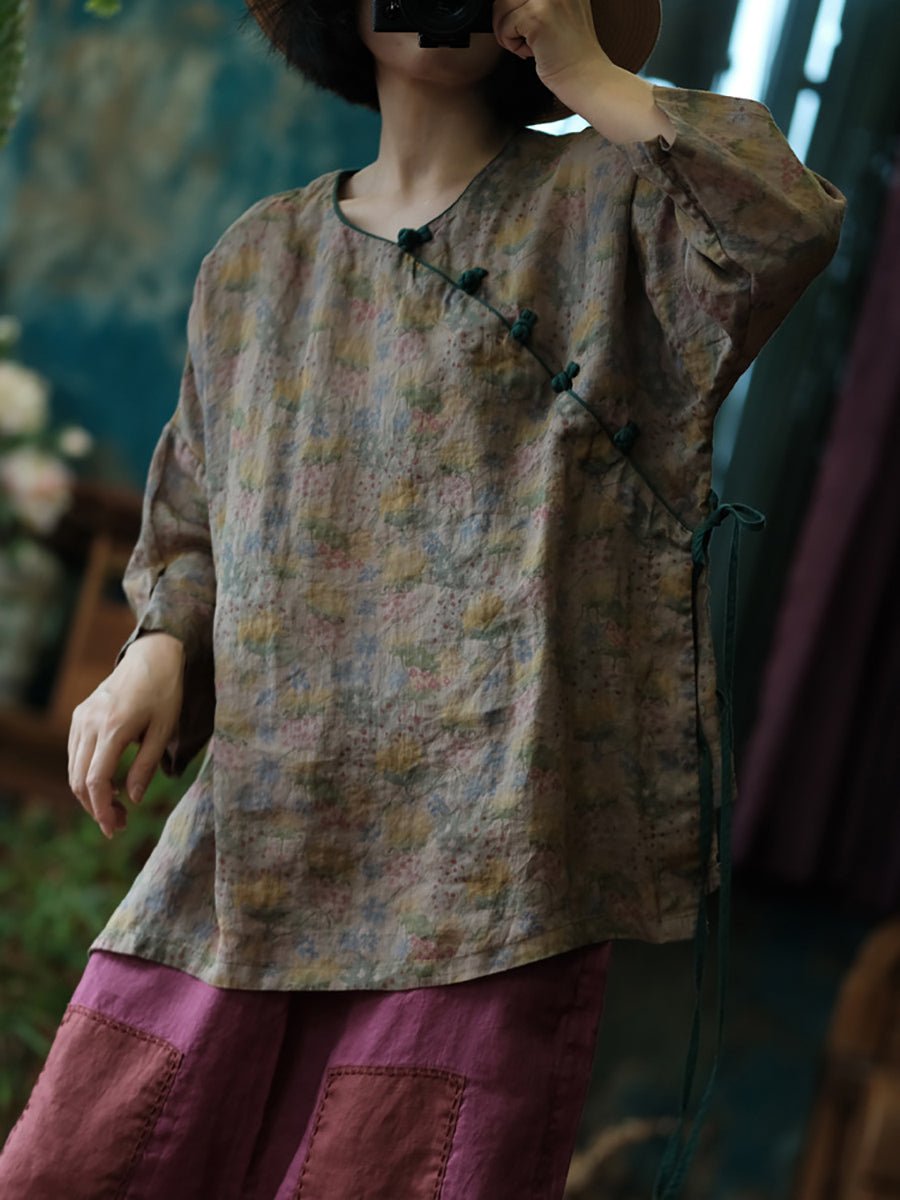 Women Summer Artsy V-Neck Floral Ramie Shirt