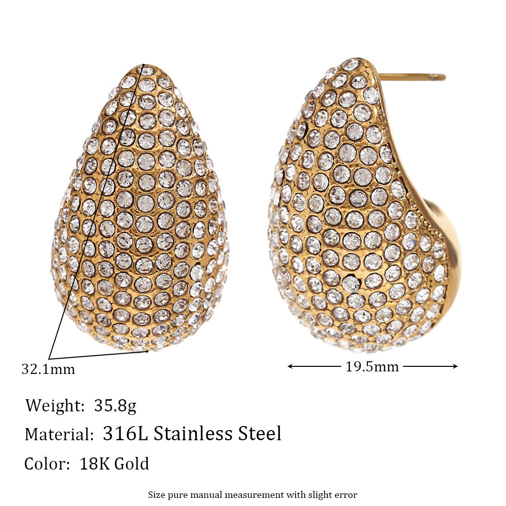 Fashion Niche Simple Retro Earrings Stainless Steel Plated 18K Gold Casting Micro-Inlaid Wave Earrings For Women