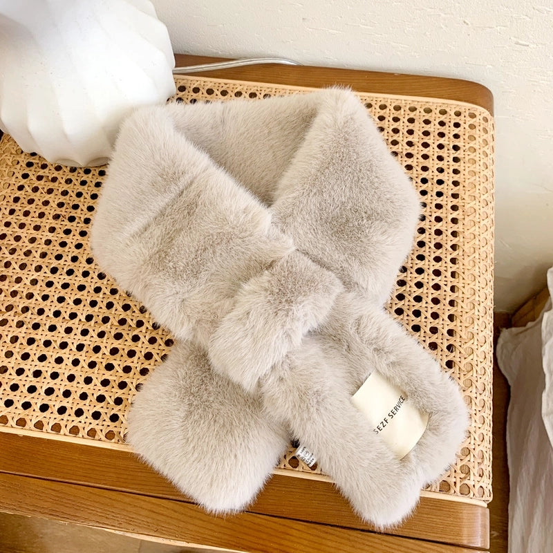 White Logo Plush Collar Scarf For Women Autumn And Winter  Warm Fashion All-match Cross Scarf