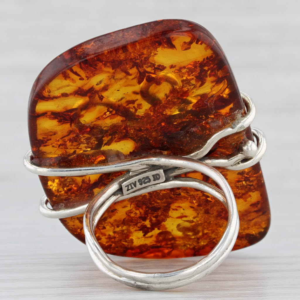 Amber Abstract Statement Ring Sterling Silver Size 10 Artisan
