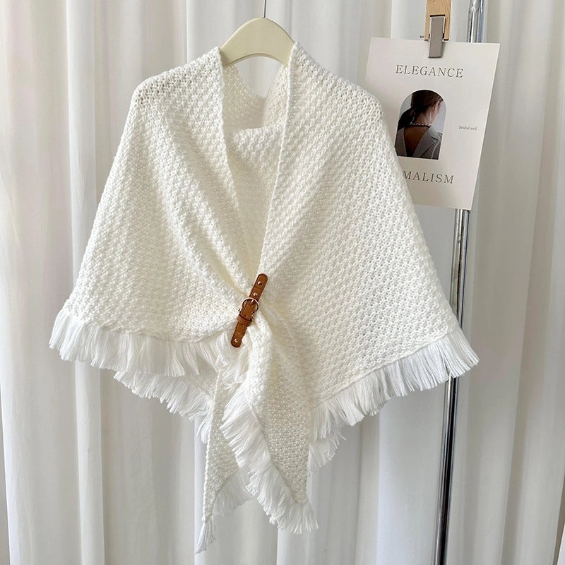Autumn And Winter New Tassel Cape Shawl Versatile Thick Warm Neck Protection Solid Color Knotted Scarf Outer Waistcoat