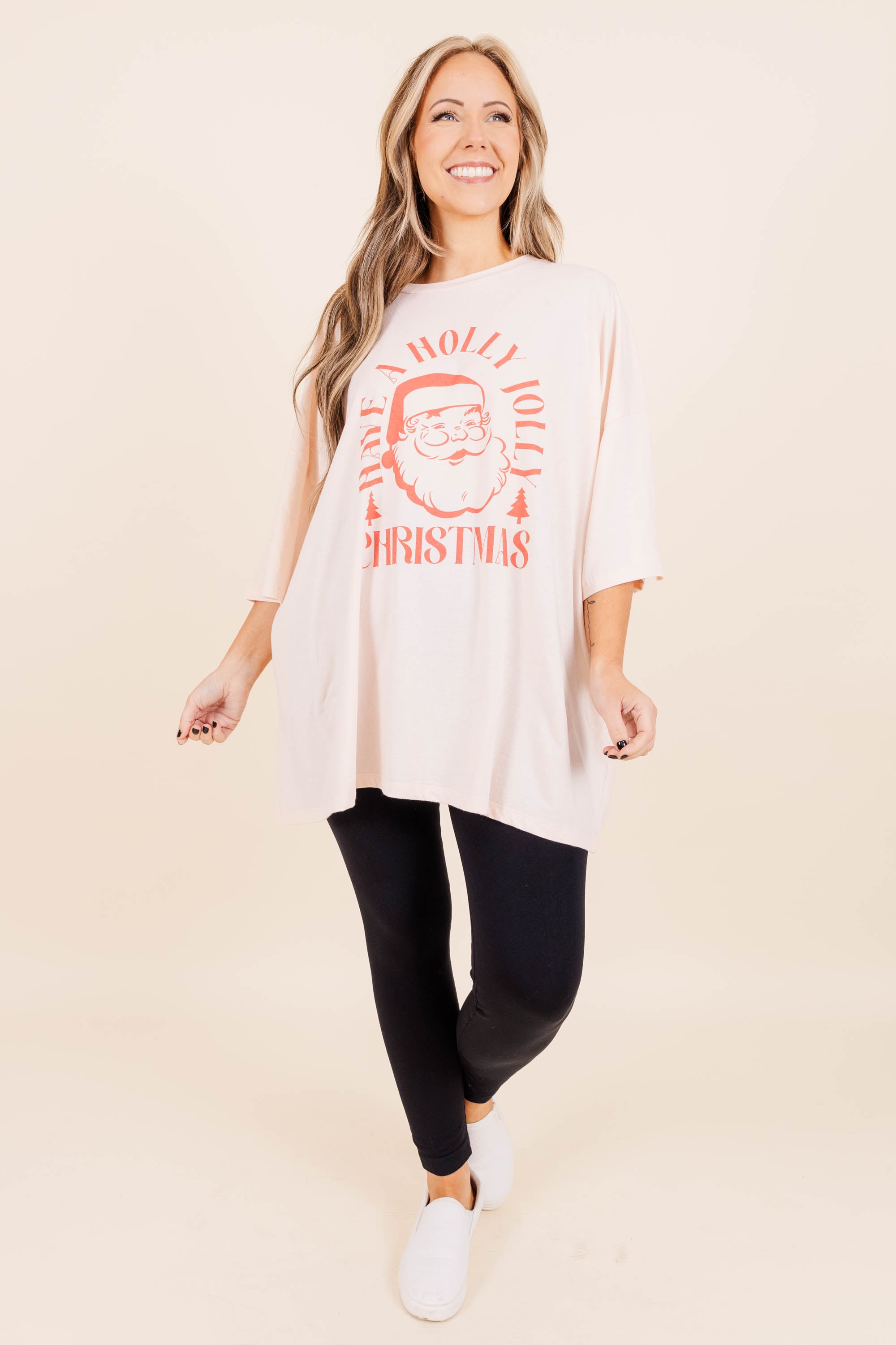 Have A Holly Jolly Christmas Boyfriend Tee. Cream Pink