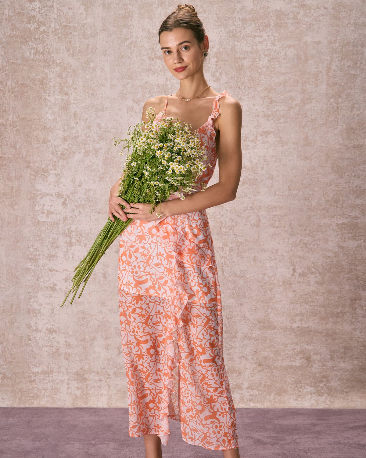 The Orange V Neck Floral Ruffle Maxi Dress