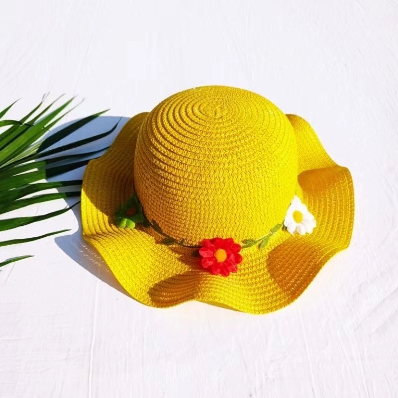Girl'S Sweet Minimalist Flower Jacquard Straw Hat