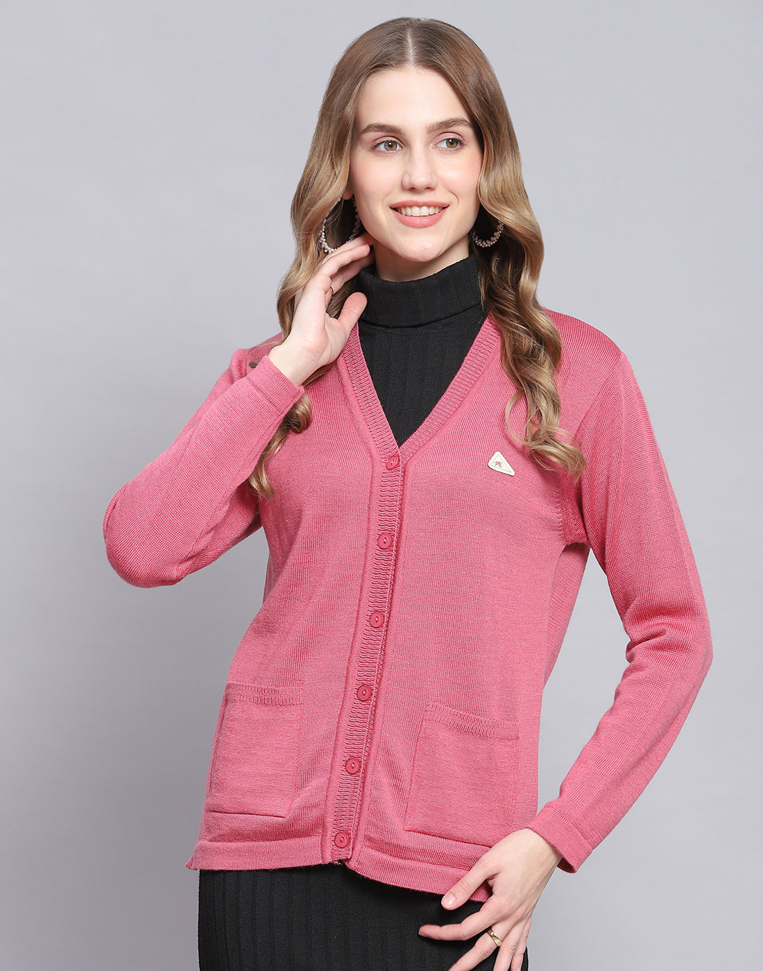 Women Pink Solid V Neck Full Sleeve Cardigan