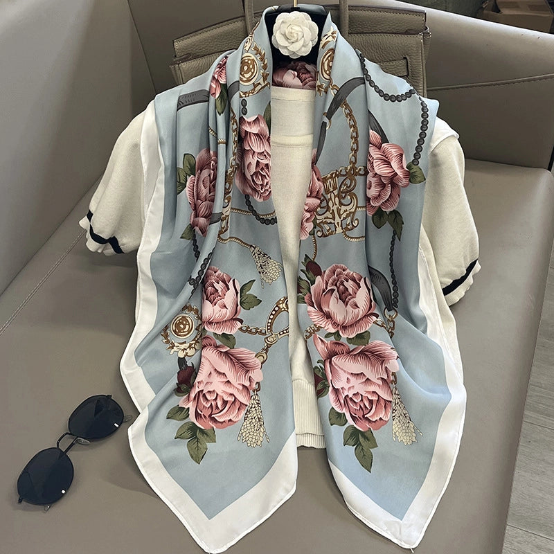 Women's Elegant Vacation Stripe Flower Polyester Silk Scarf