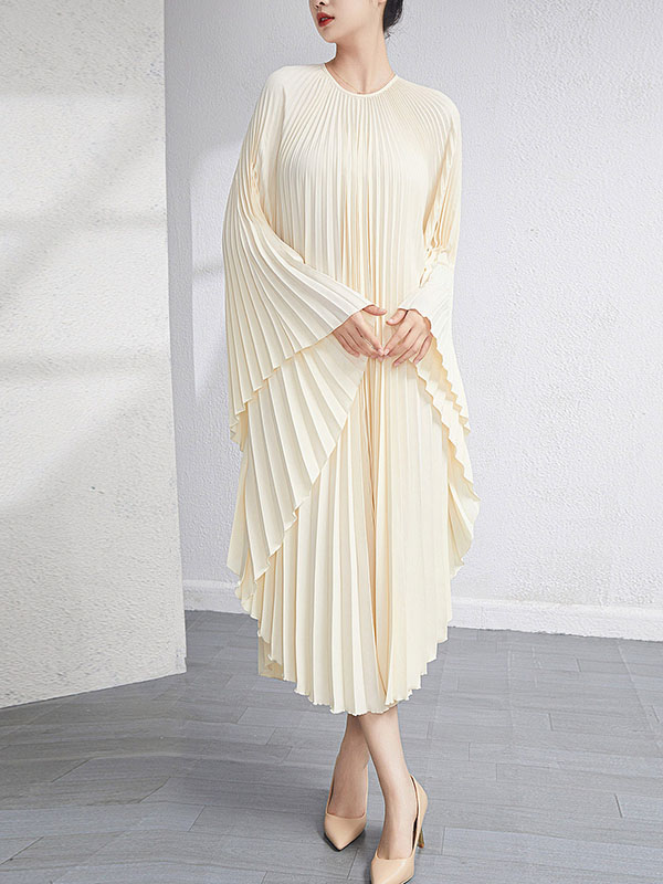 Urban Flared Batwing Sleeves Pleated Solid Color Round-Neck Midi Dresses