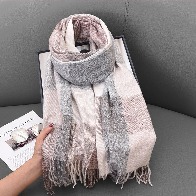 Unisex Lady Lattice Imitation Cashmere Tassel Scarf