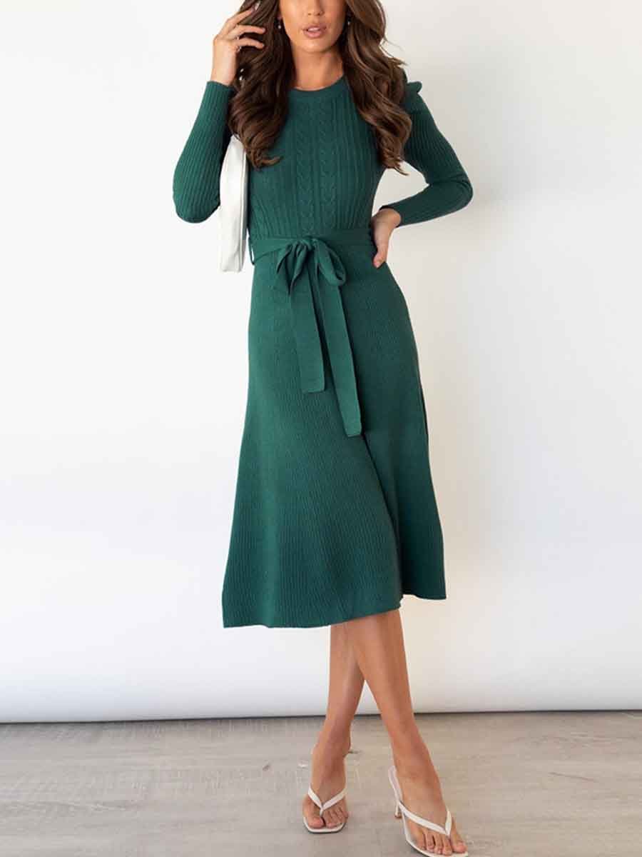 Bubble Sleeve Belt Knit Dress (5 colors)