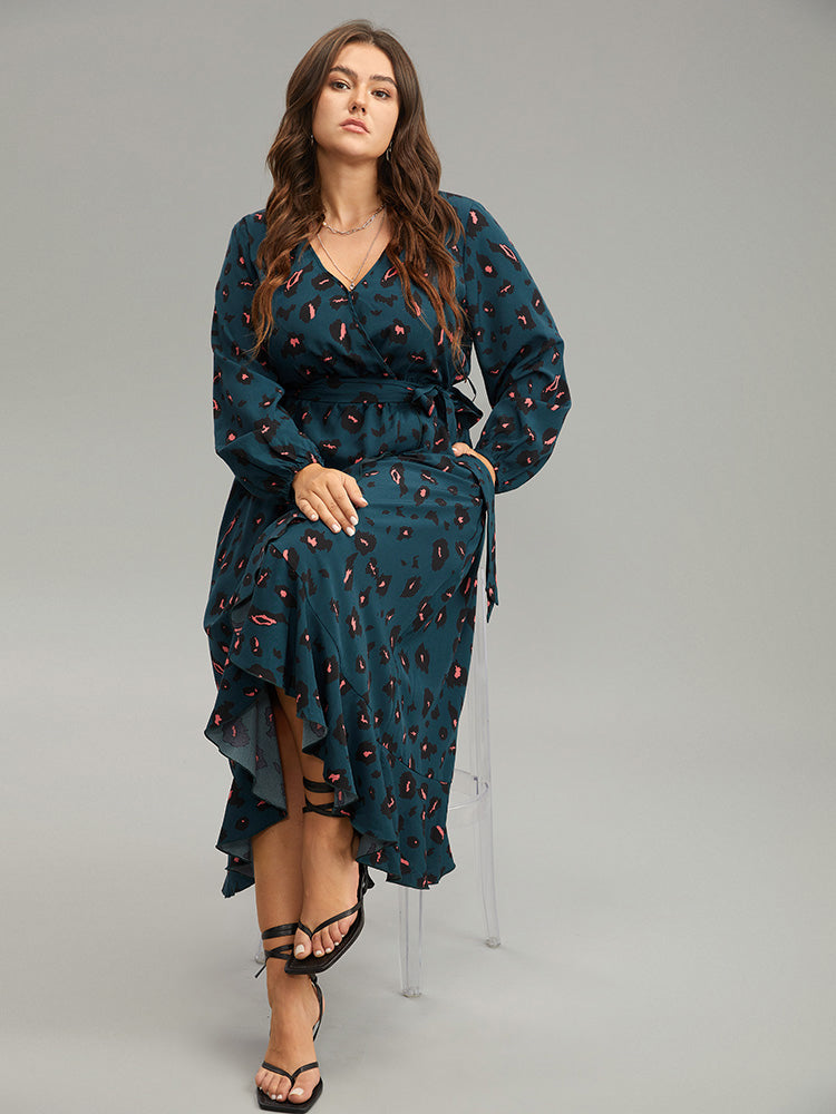 Allover Print Surplice Neck Flutter Trim Dress
