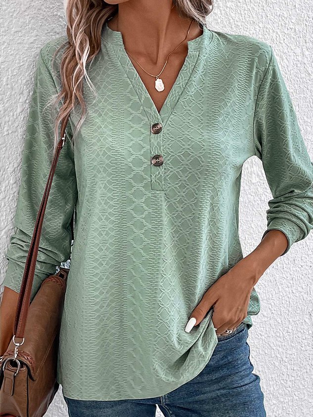 V Neck Long Sleeve Plain Jacquard Regular Medium Elasticity Loose Shirt For Women