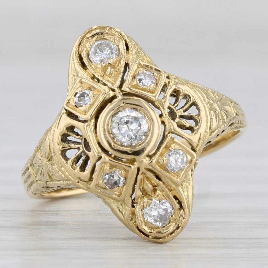 Vintage Art Deco 0.24ctw Diamond Filigree Ring 18k Yellow Gold Size 5.25