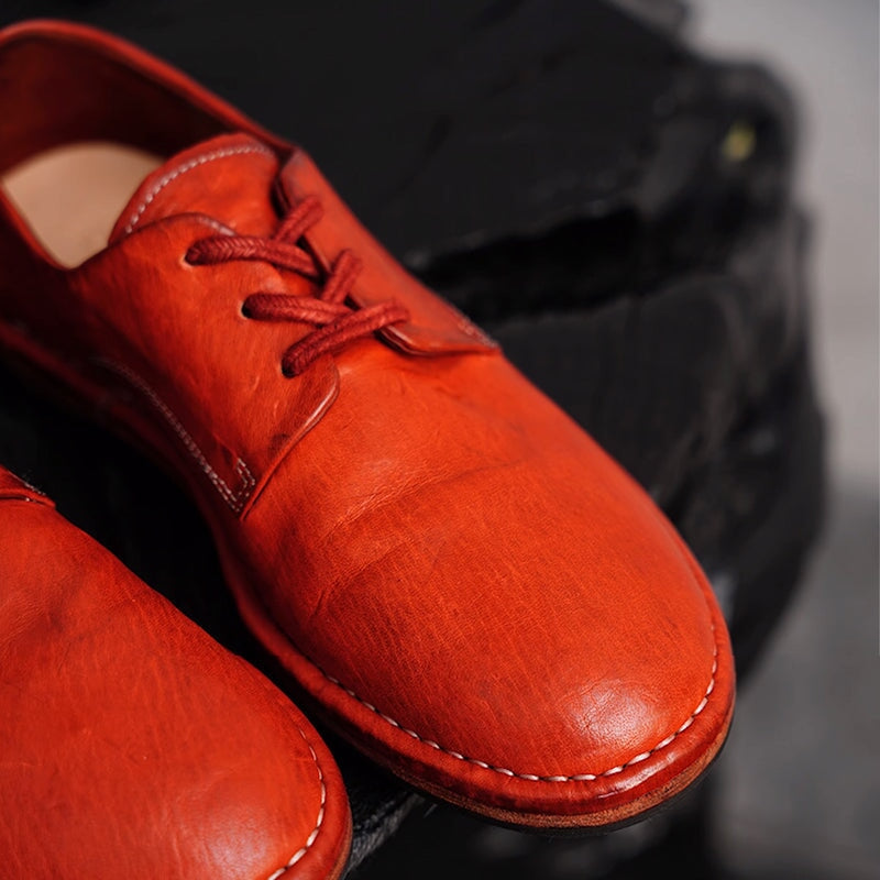 Handmade Stitching Lightweight Horse Leather Oxford Shoes Lace-Up Casual Shoes in Black/Red