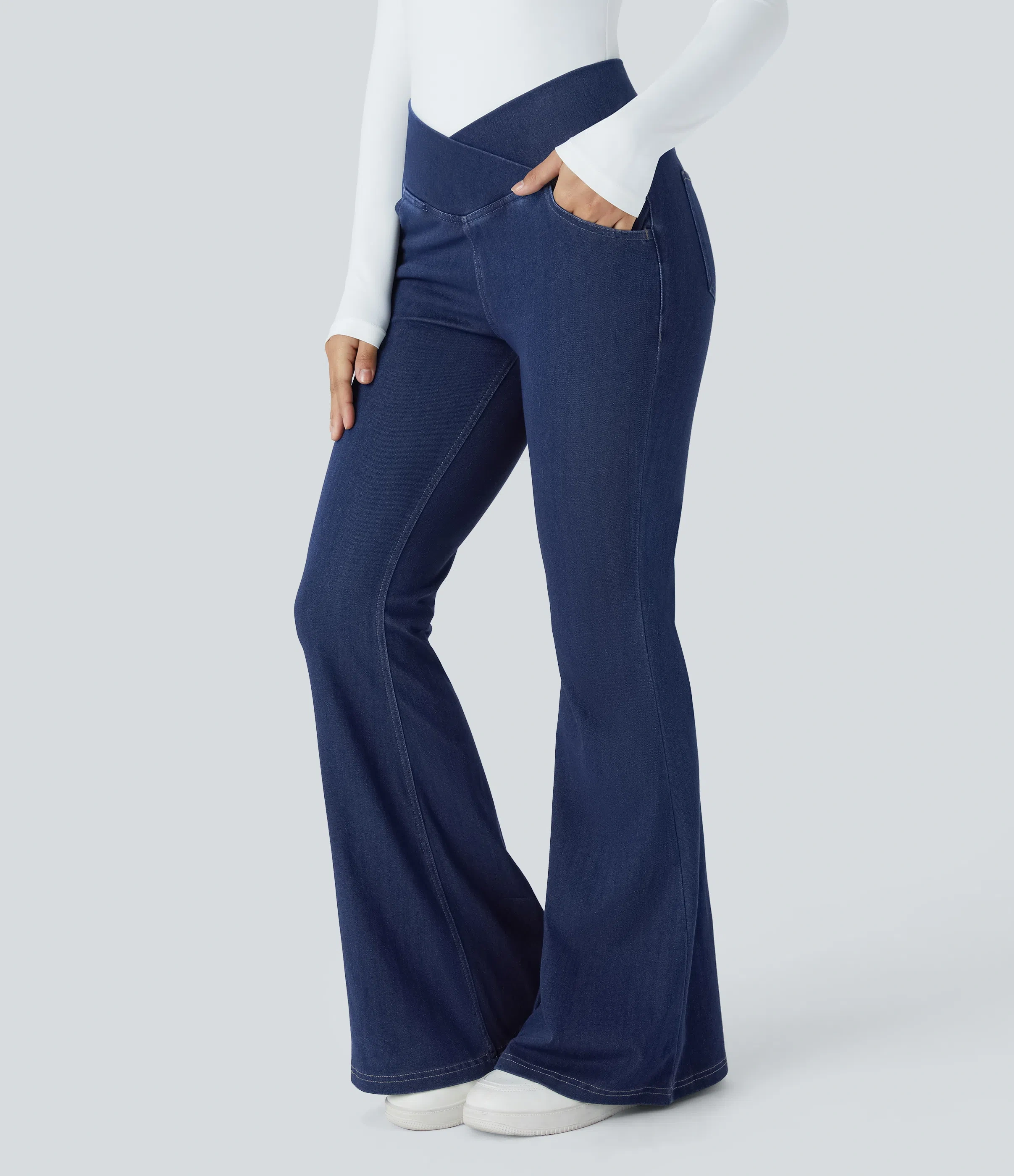 ⚡8 Packs for $25.95⚡- High Waisted Crossover Pocket Washed Stretchy Knit Casual Super Flare Jeans