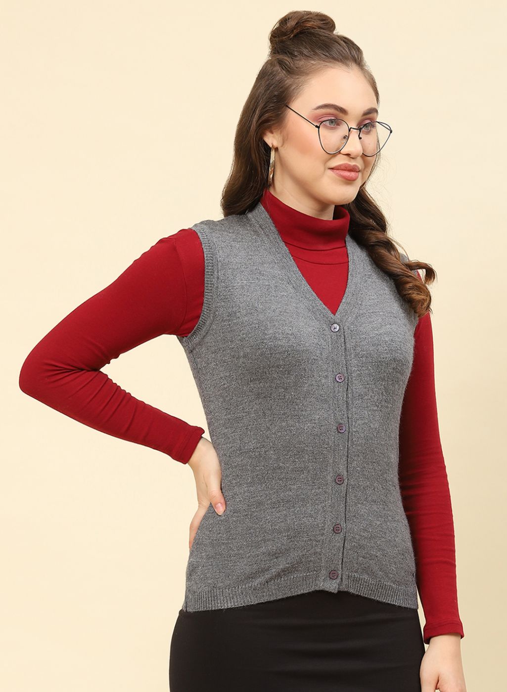 Women Grey Solid Modal Nylone Cardigan