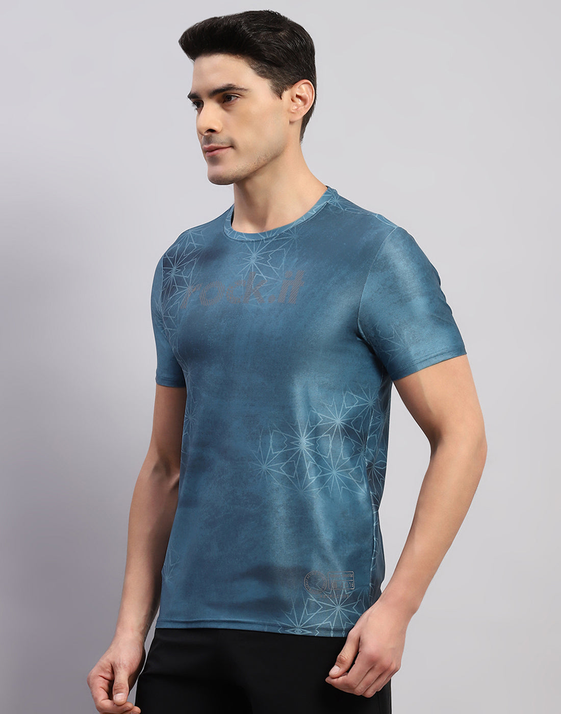 Men Teal Blue Printed Round Neck Half Sleeve T-Shirt